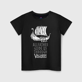 Детская футболка хлопок с принтом VALHEIM в Новосибирске, 100% хлопок | круглый вырез горловины, полуприлегающий силуэт, длина до линии бедер | coffee stain | valheim | vikings | вальхайм | вальхеим | вальхейм. | викинги | выживание | гарпун бездны | мечи