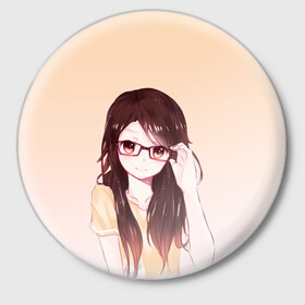 Значок с принтом девочка в очках милая в Новосибирске,  металл | круглая форма, металлическая застежка в виде булавки | аниме | волосы | градиент | девочка | девушка | манга | милая | очки | персонаж | скромность | футболка | чиби