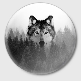 Значок с принтом Волк в Новосибирске,  металл | круглая форма, металлическая застежка в виде булавки | tegunvteg | волк | деревья | красивый лес | лес | листья | природа | собака | темный лес