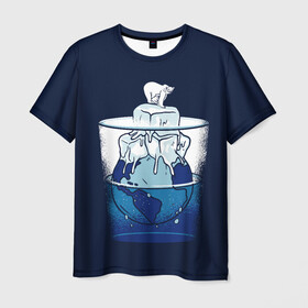 Мужская футболка 3D с принтом Polar Ice Bear в Новосибирске, 100% полиэфир | прямой крой, круглый вырез горловины, длина до линии бедер | north pole | planet | water | антарктида | антарктика | арктика | белый медведь | в стакане | вода | земля | кубики льда | лед | льдина | льдинка | медведица | медвежонок | на льдине | наполовину полон | планета