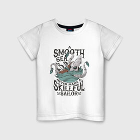 Детская футболка хлопок с принтом Кракен Шторм и Корабль в Новосибирске, 100% хлопок | круглый вырез горловины, полуприлегающий силуэт, длина до линии бедер | kraken | merch | pirat | pirate | sailor | sea | sea monster | ship | storm | искусный моряк | кальмар | кракен мерч | легенда | миф | море | морское чудовище | моряк | океан | осьминог | пират | пиратский корабль | пиратский мерч