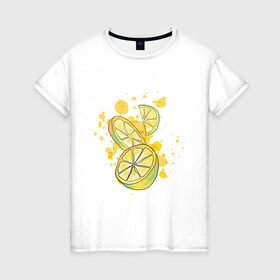 Женская футболка хлопок с принтом Лимон и Лайм в Новосибирске, 100% хлопок | прямой крой, круглый вырез горловины, длина до линии бедер, слегка спущенное плечо | art | food | juice | juicy | lemon | lime | summer | watercolor | watercolour | акварель | акварельные фрукты | арт | брызги | витамин с | еда | желтый лимон | зеленый лайм | иллюстрация | лето | правильное питание | природа | рисунок