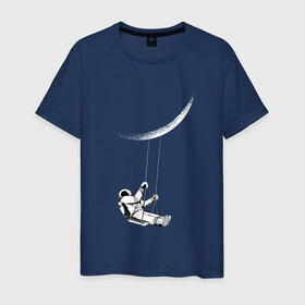 Мужская футболка хлопок с принтом Астронавт Луна на качелях в Новосибирске, 100% хлопок | прямой крой, круглый вырез горловины, длина до линии бедер, слегка спущенное плечо. | art | astronaut | cosmonaut | galaxy | moon | moonlight | nasa | space | арт | в космосе | галактика | звезды | качается на качелях | качели | космонавт | космос | луна | луны | поверхность | полумесяц | прикол | пузыри | рисунок