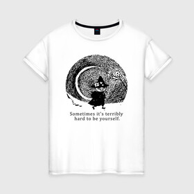 Женская футболка хлопок с принтом Snafkin в Новосибирске, 100% хлопок | прямой крой, круглый вырез горловины, длина до линии бедер, слегка спущенное плечо | moominmamma | moominpappa | moomintroll | snafkin | муми тролль | муми цитаты | снусмумрик | цитаты