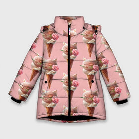 Зимняя куртка для девочек 3D с принтом Мороженное | Кошечки в Новосибирске, ткань верха — 100% полиэстер; подклад — 100% полиэстер, утеплитель — 100% полиэстер. | длина ниже бедра, удлиненная спинка, воротник стойка и отстегивающийся капюшон. Есть боковые карманы с листочкой на кнопках, утяжки по низу изделия и внутренний карман на молнии. 

Предусмотрены светоотражающий принт на спинке, радужный светоотражающий элемент на пуллере молнии и на резинке для утяжки. | звери | киса | кисули | кисы | кот | котята | кошка | мороженко | мороженное | пломбир | прикольная | рожок | роза | розовая | хлеб | цветок | цветы