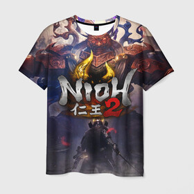 Мужская футболка 3D с принтом NIOH 2 в Новосибирске, 100% полиэфир | прямой крой, круглый вырез горловины, длина до линии бедер | action | ninja | nioh | nioh 2 | игра про самурая | кровь | меч | ниндзя | ниох | ниох 2 | самурай | экшен.
