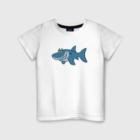 Детская футболка хлопок с принтом АКУЛЕНОК в Новосибирске, 100% хлопок | круглый вырез горловины, полуприлегающий силуэт, длина до линии бедер | fish | megalodon | shark | teeth | white shark | акула | белая акула | зубы | мегалодон | рыба