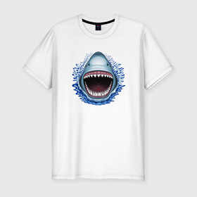 Мужская футболка хлопок Slim с принтом АКУЛА ЧЕЛЮСТИ в Новосибирске, 92% хлопок, 8% лайкра | приталенный силуэт, круглый вырез ворота, длина до линии бедра, короткий рукав | fish | jaws | megalodon | shark | teeth | white shark | акула | белая акула | зубы | клыки | мегалодон | пасть | рот | рыба | челюсти