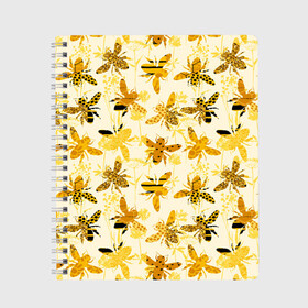 Тетрадь с принтом Разные Пчелы в Новосибирске, 100% бумага | 48 листов, плотность листов — 60 г/м2, плотность картонной обложки — 250 г/м2. Листы скреплены сбоку удобной пружинной спиралью. Уголки страниц и обложки скругленные. Цвет линий — светло-серый
 | bee | букет | животные | крылья | медовый | насекомые | паттерн | полосатый | пятна | соты | текстура | узор | цветы