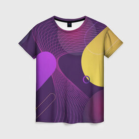 Женская футболка 3D с принтом ГЕОМЕТРИЧЕСКИЕ ЛИНИИ в Новосибирске, 100% полиэфир ( синтетическое хлопкоподобное полотно) | прямой крой, круглый вырез горловины, длина до линии бедер | 3d | 3д | геометрические линии | геометрия | желтый | круги | линия | оранжевый | пурпурный | розовый | синий | фиолетовый