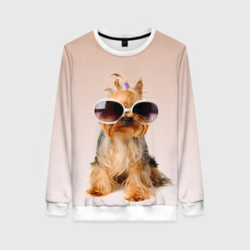 Женский свитшот 3D с принтом собака в очках в Новосибирске, 100% полиэстер с мягким внутренним слоем | круглый вырез горловины, мягкая резинка на манжетах и поясе, свободная посадка по фигуре | лето | маленткая | мода | отдых | очки | собака | солнечные очки | солнцезащитные очки | хвостик