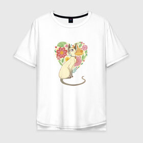 Мужская футболка хлопок Oversize с принтом Весенняя Котька в Новосибирске, 100% хлопок | свободный крой, круглый ворот, “спинка” длиннее передней части | cat | flower heart | flowers | heart | kitten | love | siamese | siamese cat | spring | весна | кот | котик | котька | кошка | любовь | сердце | сиамская кошка | цветочное сердце | цветы