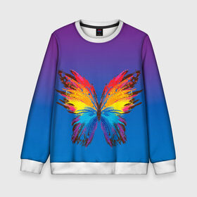 Детский свитшот 3D с принтом красочная бабочка в Новосибирске, 100% полиэстер | свободная посадка, прямой крой, мягкая тканевая резинка на рукавах и понизу свитшота | абстрактное искусство | бабочка | беспозвоночные | брызги | градиент | краска | красочная | крылья | лето | мотыльки и бабочки | насекомое | радуга | ярко
