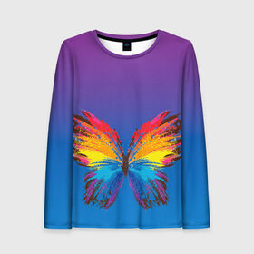 Женский лонгслив 3D с принтом красочная бабочка в Новосибирске, 100% полиэстер | длинные рукава, круглый вырез горловины, полуприлегающий силуэт | абстрактное искусство | бабочка | беспозвоночные | брызги | градиент | краска | красочная | крылья | лето | мотыльки и бабочки | насекомое | радуга | ярко