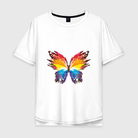 Мужская футболка хлопок Oversize с принтом бабочка краской в Новосибирске, 100% хлопок | свободный крой, круглый ворот, “спинка” длиннее передней части | бабочка | беспозвоночные | брызги | градиент | краска | красочная | крылья | лето | мотыльки и бабочки | насекомое | насекомые | радуга | ярко