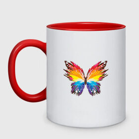 Кружка двухцветная с принтом бабочка краской в Новосибирске, керамика | объем — 330 мл, диаметр — 80 мм. Цветная ручка и кайма сверху, в некоторых цветах — вся внутренняя часть | бабочка | беспозвоночные | брызги | градиент | краска | красочная | крылья | лето | мотыльки и бабочки | насекомое | насекомые | радуга | ярко