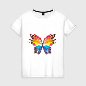 Женская футболка хлопок с принтом бабочка краской в Новосибирске, 100% хлопок | прямой крой, круглый вырез горловины, длина до линии бедер, слегка спущенное плечо | бабочка | беспозвоночные | брызги | градиент | краска | красочная | крылья | лето | мотыльки и бабочки | насекомое | насекомые | радуга | ярко
