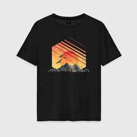 Женская футболка хлопок Oversize с принтом Mountain Galaxy Sunset в Новосибирске, 100% хлопок | свободный крой, круглый ворот, спущенный рукав, длина до линии бедер
 | Тематика изображения на принте: abstract | art | geometric | geometry | landscape | minimalism | sky | space | sun | абстракция | арт | векторный рисунок | восход | галактика | геометрия | гора | горный пейзаж | горы | закат | картина | космос | минимализм | небо