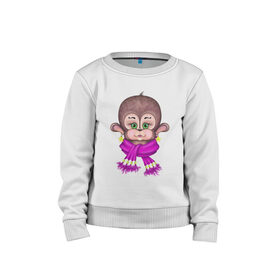 Детский свитшот хлопок с принтом Обезьянка модница в Новосибирске, 100% хлопок | круглый вырез горловины, эластичные манжеты, пояс и воротник | мультяшный стиль | обезьяна | обезьянка | принты для девочек | рисунок обезьяны | смешная обезьянка