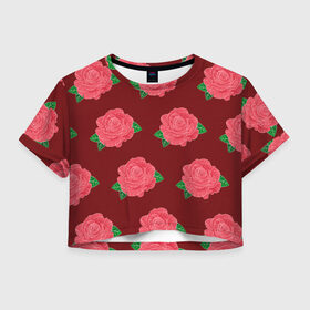 Женская футболка Crop-top 3D с принтом Розы на красном в Новосибирске, 100% полиэстер | круглая горловина, длина футболки до линии талии, рукава с отворотами | black | botany | flowers | pattern | plant | red | rose | white | белый | ботаника | красный | растение | роза | узор | цветы | черный