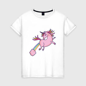 Женская футболка хлопок с принтом Единорог пукает радугой в Новосибирске, 100% хлопок | прямой крой, круглый вырез горловины, длина до линии бедер, слегка спущенное плечо | chubby | fart | pink | rainbow | unicorn | газ | газы | единорог для детей | единорожка | животное | конь | лошадка | на радуге | неприличный единорог | облако | облачко | прикол | радуга | рог | розовое облако