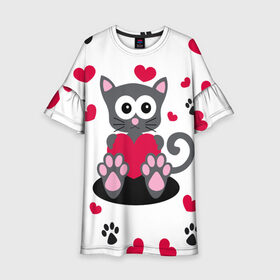 Детское платье 3D с принтом Котейка лапки и сердечки в Новосибирске, 100% полиэстер | прямой силуэт, чуть расширенный к низу. Круглая горловина, на рукавах — воланы | кот | котейка | кошка | лапа | лапки | сердечки | сердца