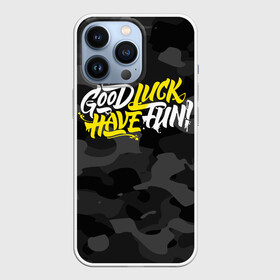 Чехол для iPhone 13 Pro с принтом GLHF [ГЛХФ] Камуфляж в Новосибирске,  |  | Тематика изображения на принте: glhf | good luck | have fun | глхф | гуд лак | камуфляж черный | хев фан