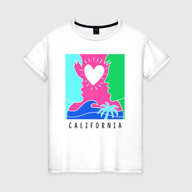 Женская футболка хлопок с принтом CALIFORNIA в Новосибирске, 100% хлопок | прямой крой, круглый вырез горловины, длина до линии бедер, слегка спущенное плечо | california | love | закат | калифорния | любовь | пляж | поцелуй | романтика