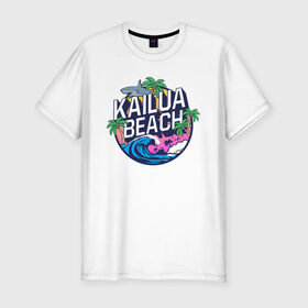 Мужская футболка хлопок Slim с принтом Kailua beach в Новосибирске, 92% хлопок, 8% лайкра | приталенный силуэт, круглый вырез ворота, длина до линии бедра, короткий рукав | kailua beach | акула | закат | отдых | пальма | пляж