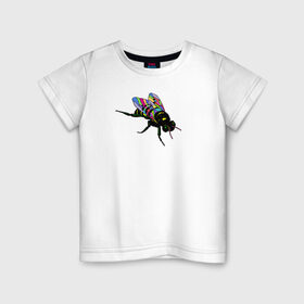 Детская футболка хлопок с принтом Радужная Муха в Новосибирске, 100% хлопок | круглый вырез горловины, полуприлегающий силуэт, длина до линии бедер | животные | крылья | мульт | муха | насекомые | паттерн | полосатый | радуга | текстура | узор | цветы