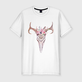 Мужская футболка хлопок Slim с принтом черепушка венок в Новосибирске, 92% хлопок, 8% лайкра | приталенный силуэт, круглый вырез ворота, длина до линии бедра, короткий рукав | акварель | весна | животные | жизнь продолжается | магия | рисунок | ритуал | цветы | череп | эзотерика