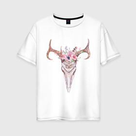 Женская футболка хлопок Oversize с принтом черепушка венок в Новосибирске, 100% хлопок | свободный крой, круглый ворот, спущенный рукав, длина до линии бедер
 | акварель | весна | животные | жизнь продолжается | магия | рисунок | ритуал | цветы | череп | эзотерика