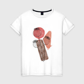 Женская футболка хлопок с принтом Маки в Новосибирске, 100% хлопок | прямой крой, круглый вырез горловины, длина до линии бедер, слегка спущенное плечо | акварель | коричневый | красный | маки | растения | сухоцветы | цветы