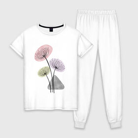 Женская пижама хлопок с принтом Одуванчики в Новосибирске, 100% хлопок | брюки и футболка прямого кроя, без карманов, на брюках мягкая резинка на поясе и по низу штанин | зонтики | лето | растения | серый. одуванчик | сиреневый | сухоцветы | цветы