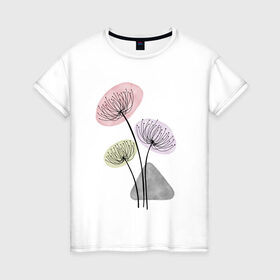 Женская футболка хлопок с принтом Одуванчики в Новосибирске, 100% хлопок | прямой крой, круглый вырез горловины, длина до линии бедер, слегка спущенное плечо | Тематика изображения на принте: зонтики | лето | растения | серый. одуванчик | сиреневый | сухоцветы | цветы