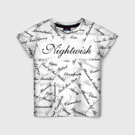 Детская футболка 3D с принтом Nightwish Songs / Найтвиш песни (Z) в Новосибирске, 100% гипоаллергенный полиэфир | прямой крой, круглый вырез горловины, длина до линии бедер, чуть спущенное плечо, ткань немного тянется | music | nightwish | nuclear blast | rock | spinefarm | лого | музыка | найтвиш | рок | симфоник метал | тарья турунен | флор янсен