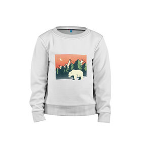 Детский свитшот хлопок с принтом Белый медведь пейзаж с горами в Новосибирске, 100% хлопок | круглый вырез горловины, эластичные манжеты, пояс и воротник | Тематика изображения на принте: landscape | moon | mountain | mountains | north pole | polar | polar bear | russian bear | антарктида | антарктика | арктика | горы | дикая природа | лес | луна | медвежонок | мишка | полярный медведь | природа | русский медведь
