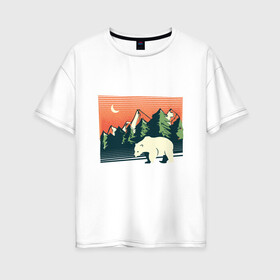 Женская футболка хлопок Oversize с принтом Белый медведь пейзаж с горами в Новосибирске, 100% хлопок | свободный крой, круглый ворот, спущенный рукав, длина до линии бедер
 | landscape | moon | mountain | mountains | north pole | polar | polar bear | russian bear | антарктида | антарктика | арктика | горы | дикая природа | лес | луна | медвежонок | мишка | полярный медведь | природа | русский медведь
