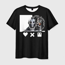 Мужская футболка 3D с принтом Андроид XBOT 4000 в Новосибирске, 100% полиэфир | прямой крой, круглый вырез горловины, длина до линии бедер | андроид | белочерный | белый | знак | кот | котик | кошка | любовь | механизм | робот | роботы | черный