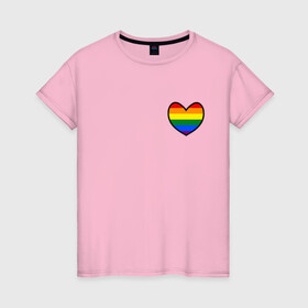 Женская футболка хлопок с принтом Радужное сердце  в Новосибирске, 100% хлопок | прямой крой, круглый вырез горловины, длина до линии бедер, слегка спущенное плечо | много цветов | радуга | радужная | радужное сердце | разноцветная | разноцветный | сердечко | сердце | цвета радуги | цветная | цветной