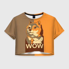 Женская футболка Crop-top 3D с принтом Doge Wow в Новосибирске, 100% полиэстер | круглая горловина, длина футболки до линии талии, рукава с отворотами | Тематика изображения на принте: animal | art | dog | doge | dogecoin | many x | mem | meme | new | poster | such x | wave | wow | арт | в | галстук | галстуке | двухцветная | животное | зверь | имени | кабосу | мем | мемас | мэм | по | постер | сиба ину | собака | хищник
