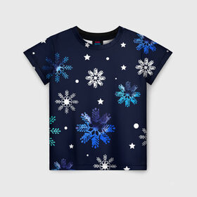 Детская футболка 3D с принтом Падающие снежинки уходящей зимы в Новосибирске, 100% гипоаллергенный полиэфир | прямой крой, круглый вырез горловины, длина до линии бедер, чуть спущенное плечо, ткань немного тянется | Тематика изображения на принте: джинсовая | необычная | падают | синяя текстура | снежинки | текстура