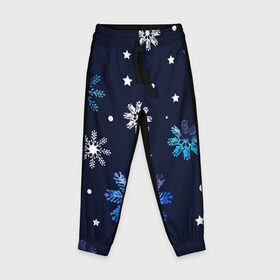 Детские брюки 3D с принтом Падающие снежинки уходящей зимы в Новосибирске, 100% полиэстер | манжеты по низу, эластичный пояс регулируется шнурком, по бокам два кармана без застежек, внутренняя часть кармана из мелкой сетки | Тематика изображения на принте: джинсовая | необычная | падают | синяя текстура | снежинки | текстура