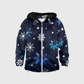 Детская ветровка 3D с принтом Падающие снежинки уходящей зимы в Новосибирске, 100% полиэстер | подол и капюшон оформлены резинкой с фиксаторами, по бокам два кармана без застежек, один потайной карман на груди | джинсовая | необычная | падают | синяя текстура | снежинки | текстура