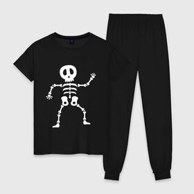 Женская пижама хлопок с принтом Мультяшный скелет в Новосибирске, 100% хлопок | брюки и футболка прямого кроя, без карманов, на брюках мягкая резинка на поясе и по низу штанин | bone | cartoon | dead | design | fun | funny | halloween | human | illustration | skeleton | vector | вечеринка | жутко.skull | кости | кость | персонаж | скелет | скелеты | страшно | тело | хэллоуин иллюстрация | человек мертвый | череп