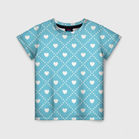 Детская футболка 3D с принтом Белые сердечки на голубом фоне в Новосибирске, 100% гипоаллергенный полиэфир | прямой крой, круглый вырез горловины, длина до линии бедер, чуть спущенное плечо, ткань немного тянется | белый | квадраты | многоугольники. точки | ромбы | сердце | узор | фон