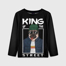 Детский лонгслив 3D с принтом King Street в Новосибирске, 100% полиэстер | длинные рукава, круглый вырез горловины, полуприлегающий силуэт
 | animal | art | brutal | dog | illustration | king | of | pug | street | the | арт | брутальный | бульдог | в | животное | зверь | король | надпись | одежде | очках | пёс | рамка | собака | текст | улиц | улицы | уличный | шапке