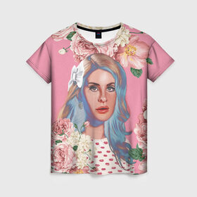 Женская футболка 3D с принтом Лана дел рей в цветах в Новосибирске, 100% полиэфир ( синтетическое хлопкоподобное полотно) | прямой крой, круглый вырез горловины, длина до линии бедер | lana del rey | music | лана дел рей | музыка | певица