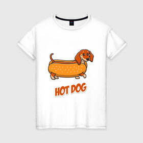 Женская футболка хлопок с принтом Hot Dog в Новосибирске, 100% хлопок | прямой крой, круглый вырез горловины, длина до линии бедер, слегка спущенное плечо | dog | fast food | hot dog | булка | собака