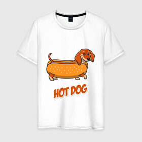 Мужская футболка хлопок с принтом Hot Dog в Новосибирске, 100% хлопок | прямой крой, круглый вырез горловины, длина до линии бедер, слегка спущенное плечо. | dog | fast food | hot dog | булка | собака
